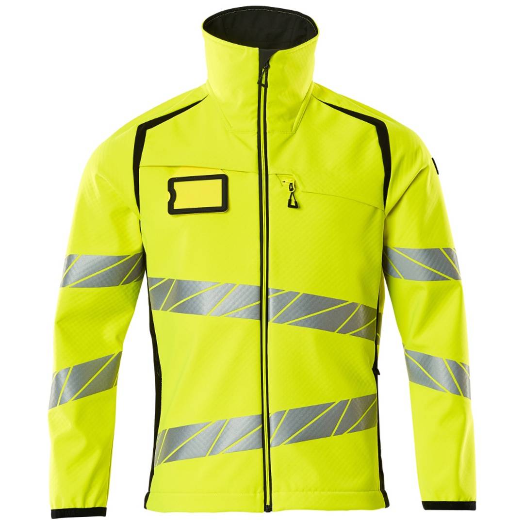 Hochsichtbare neongelbe Jacke mit Reißverschluss, reflektierende graue Streifen und schwarze Besätze, Vorderansicht auf einfachem Hintergrund dargestellt.