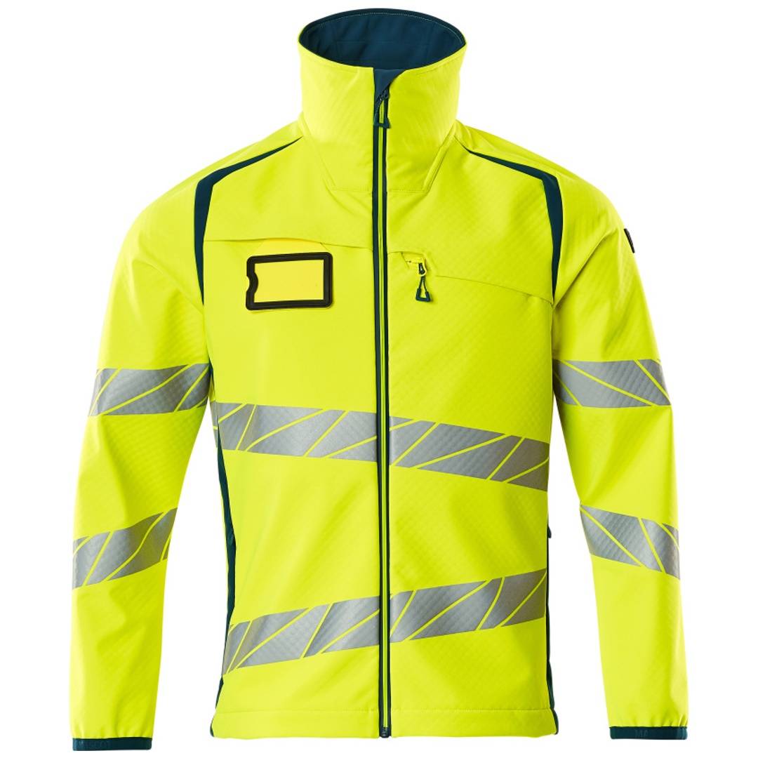 Hochsichtbare neongelbe Jacke mit Reißverschluss und reflektierenden silbernen Streifen, Vorderansicht auf neutralem Hintergrund.