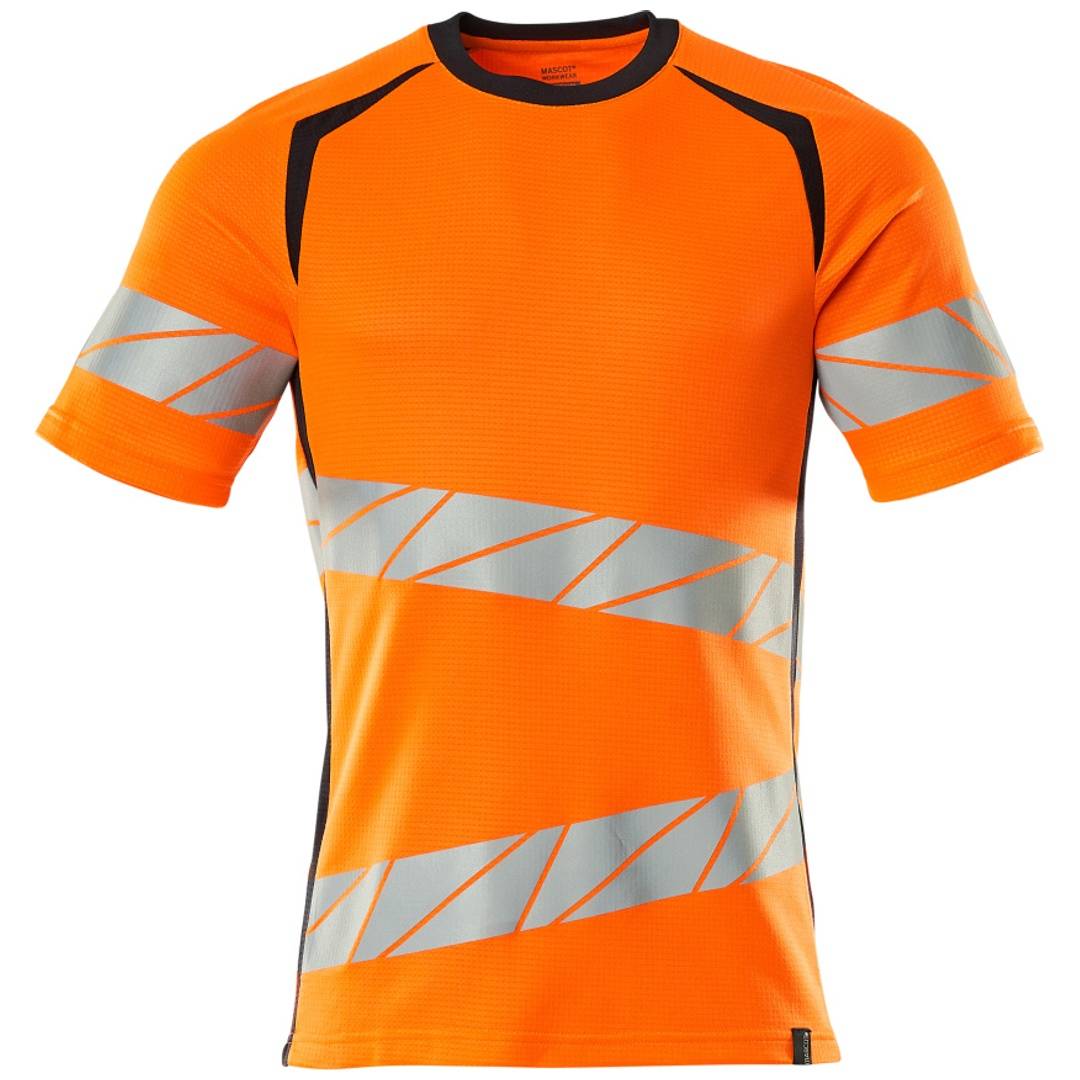 Leuchtend oranges kurzärmeliges Sportshirt mit grauen reflektierenden diagonalen Streifenmustern und schwarzer Einfassung, gezeigt auf einem schlichten weißen Hintergrund.