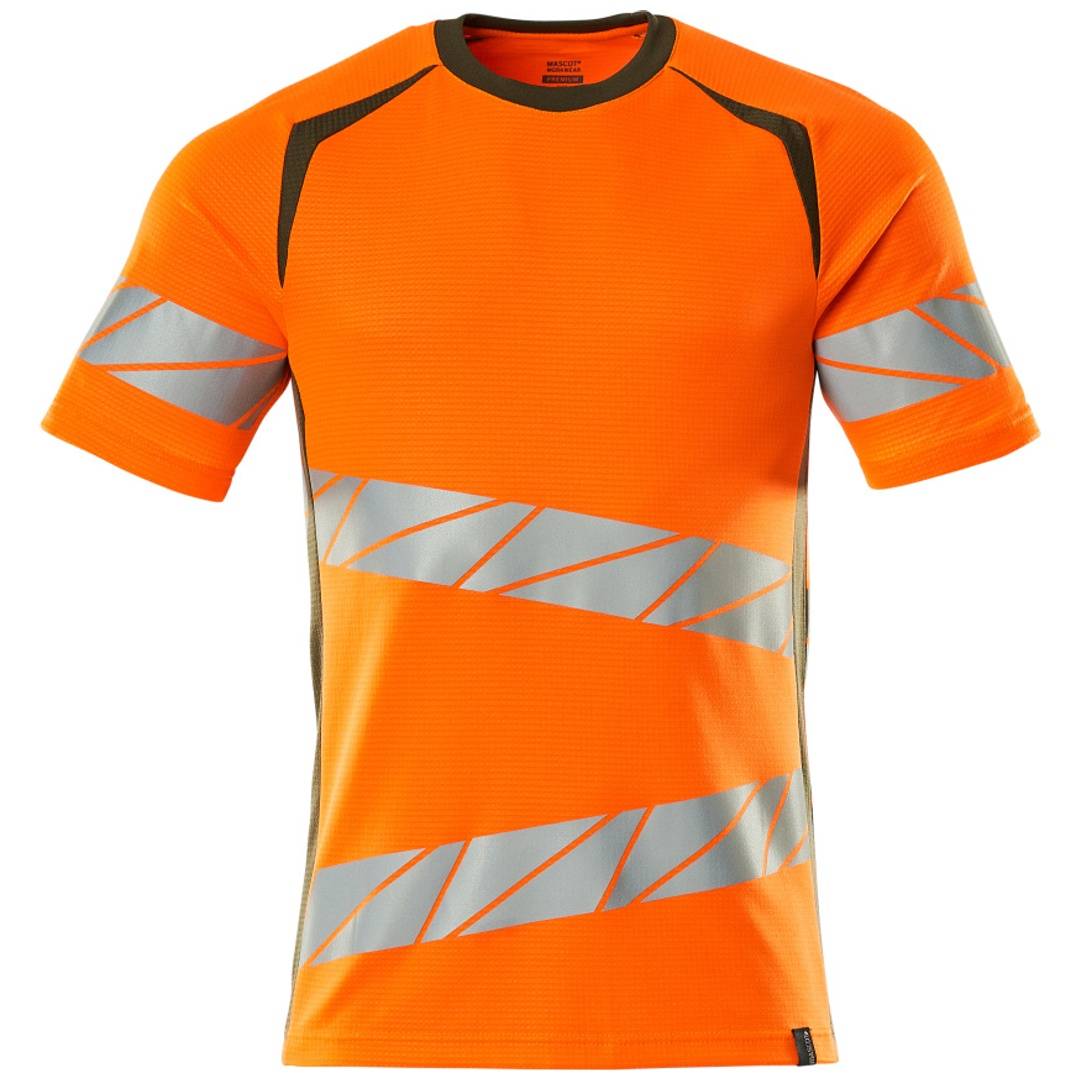 Leuchtend oranges, kurzärmeliges Highviz-Athletikshirt mit grauen reflektierenden Diagonalbändern