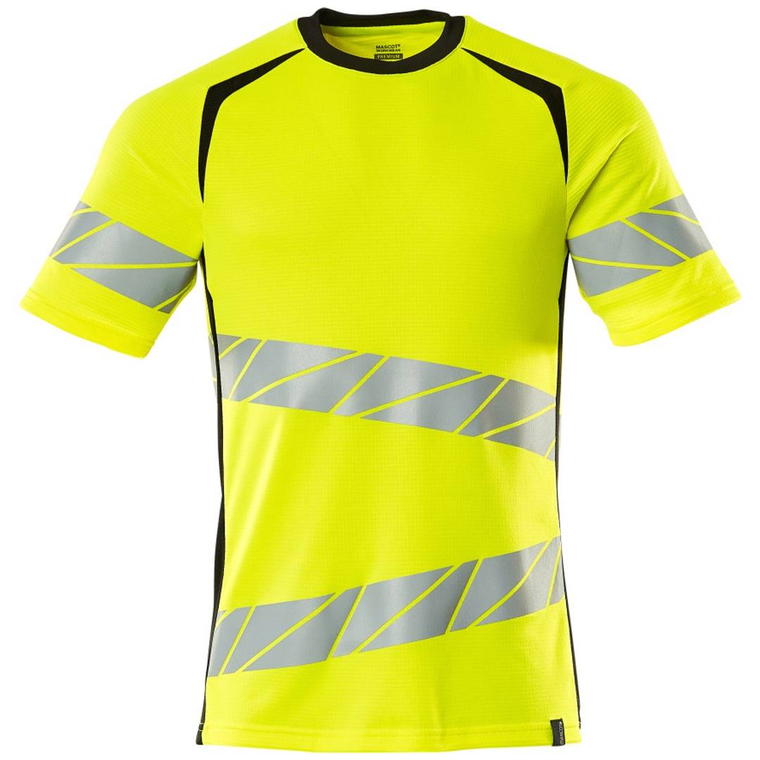 Hochsichtbares neongelbes ärmelloses Athletik-Shirt mit reflektierenden grauen Diagonalstreifen und schwarzer Einfassung, Vorderansicht auf weißem Hintergrund.