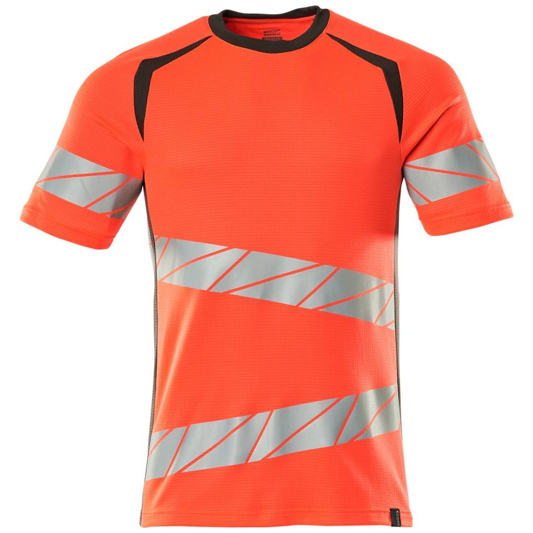 Leuchtend oranges kurzärmeliges Sportshirt mit schwarzen Schulterelementen und grauen reflektierenden Diagonalstreifen an Ärmeln und Oberkörper.