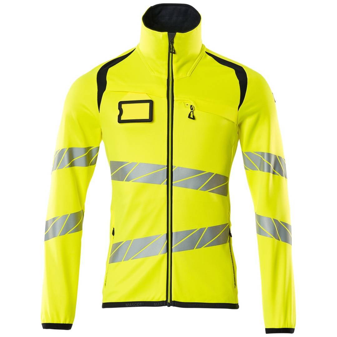 Warnweste in Neon-Gelb mit Reißverschluss, reflektierenden silbernen Streifen, schwarzem Besatz und hohem Kragen auf weißem Hintergrund.