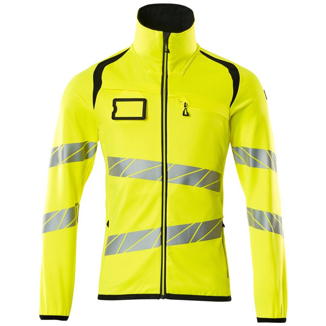 Hochsichtbare Neonjacke in Gelb mit silbernen Reflexionsstreifen und schwarzen Kanten, Frontalansicht auf weißem Hintergrund, mit Reißverschluss vorne.