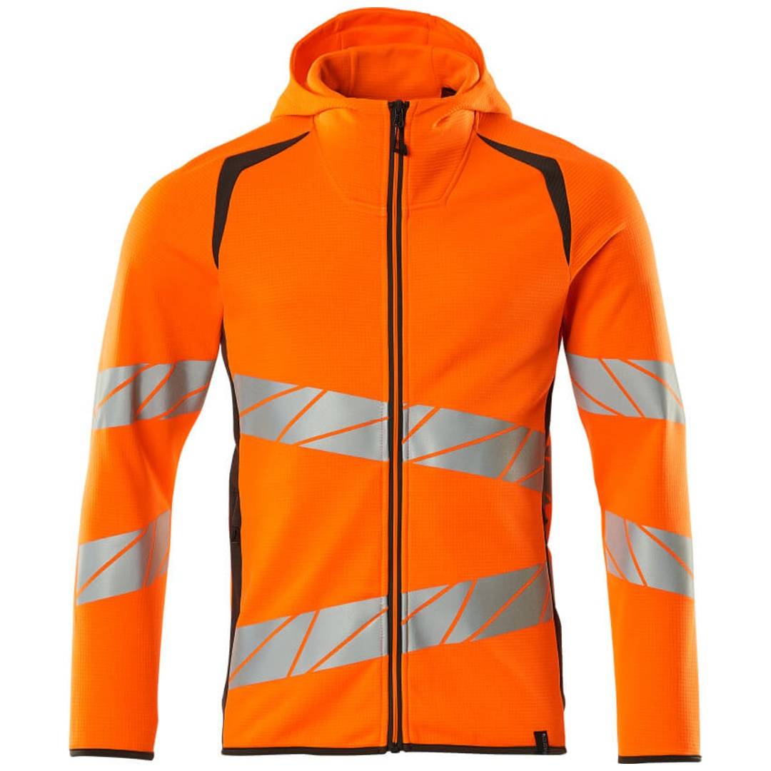 Hochsichtbare orangefarbene Jacke mit Reißverschluss und Kapuze sowie reflektierenden silbernen Diagonalstreifen an den Ärmeln und dem Rumpf.