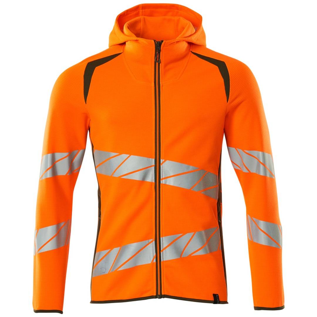 Orange Kapuzenjacke mit Reißverschluss, schwarze Akzente und reflektierende silberne Diagonalstreifen auf Ärmeln und Oberkörper, Vorderansicht.