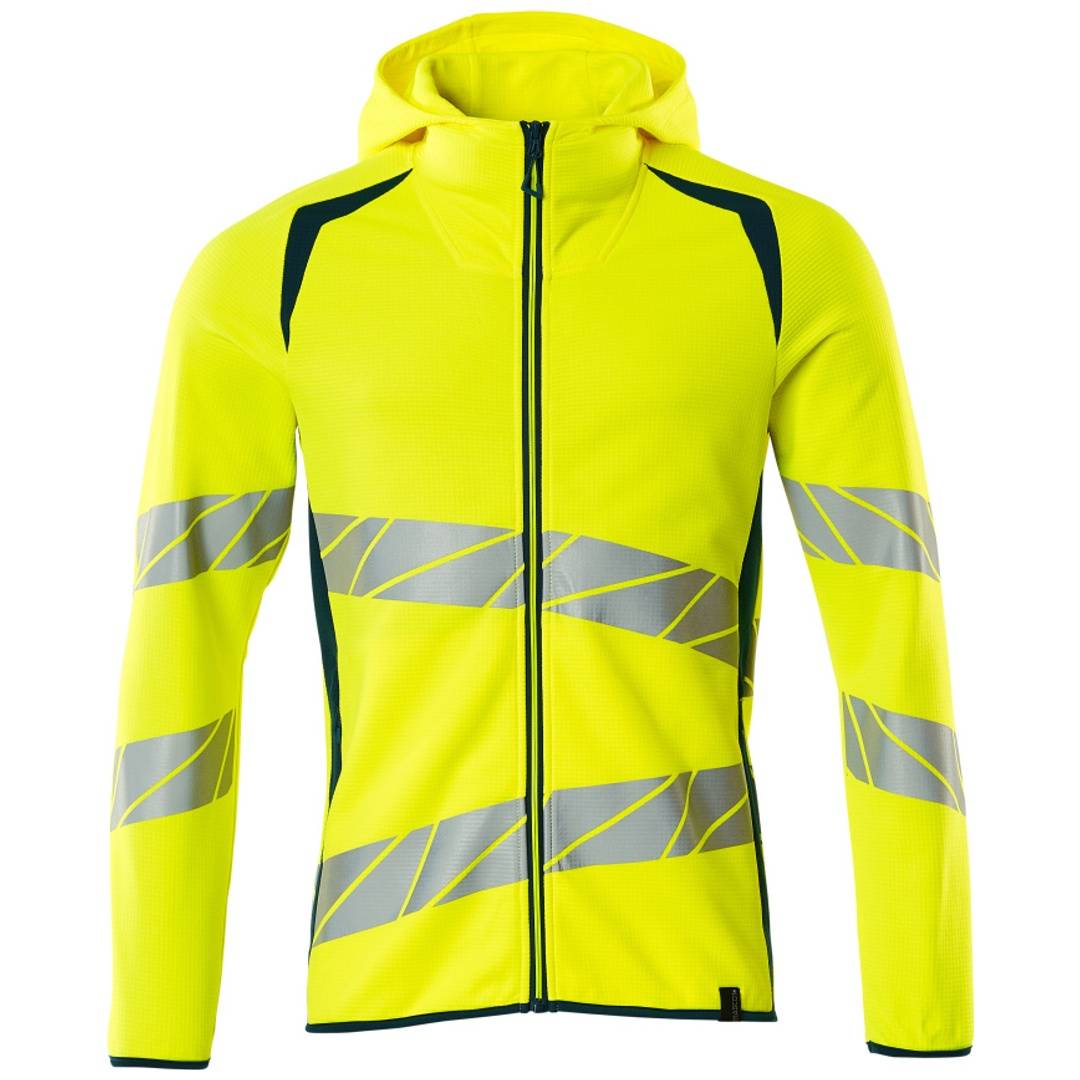 Hochsichtbarer neongelber Kapuzenjacke mit Reißverschluss, grauen reflektierenden Diagonalstreifen und dunkelblauer Einfassung.