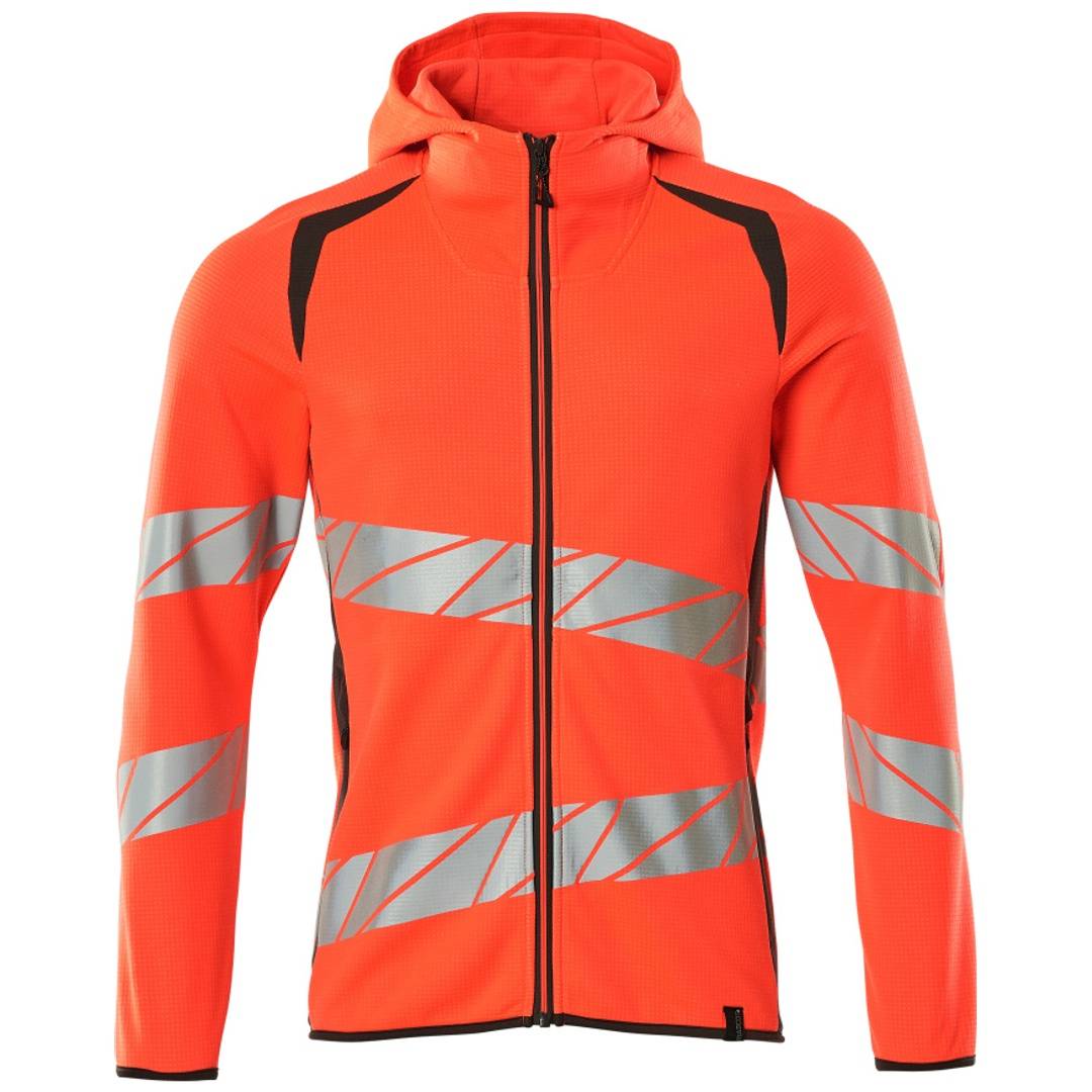Leuchtend orangefarbene Kapuzenjacke mit Reißverschluss, schwarzen Akzenten und reflektierenden grauen Diagonalstreifen auf den Ärmeln und der Brust.