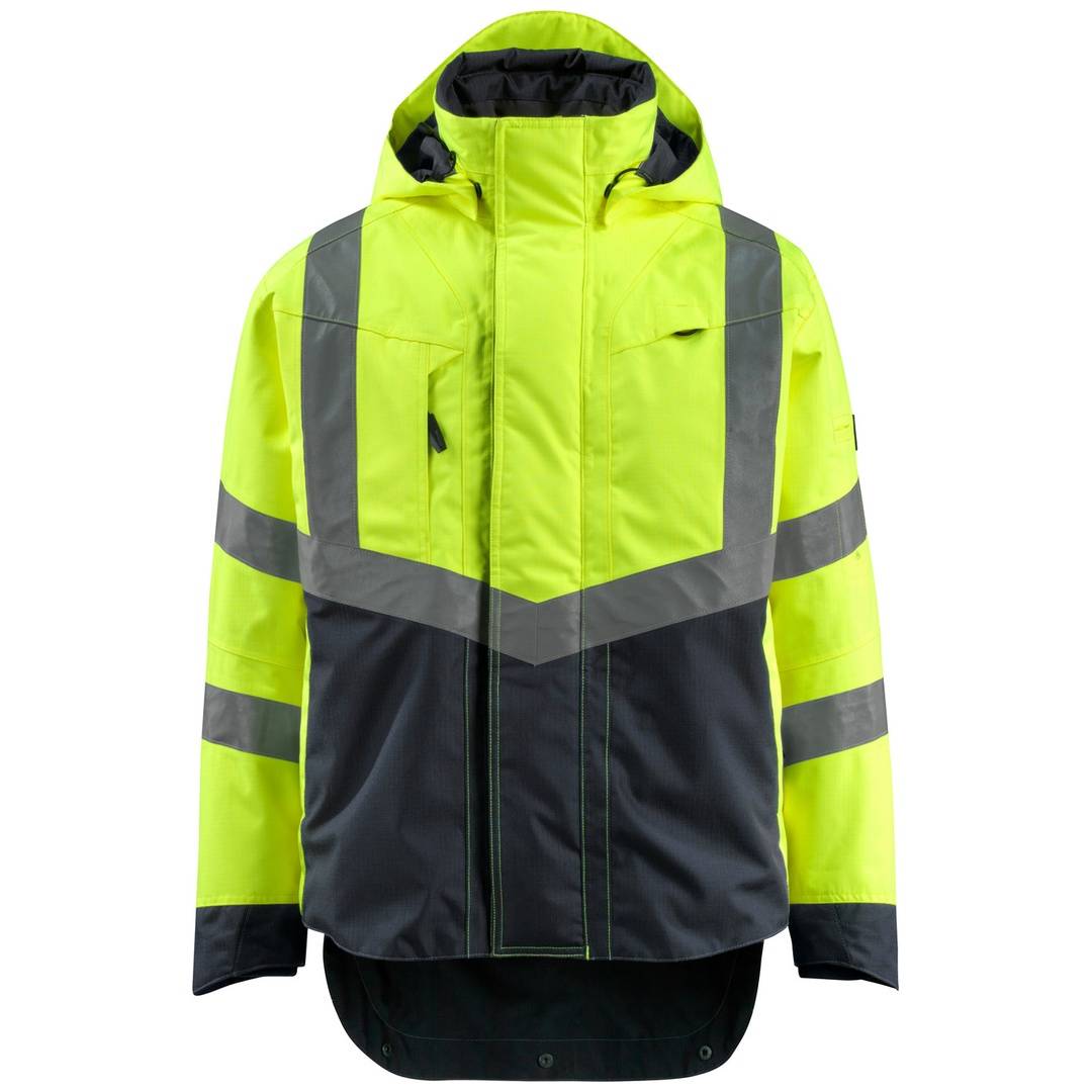 Hochsichtbarer Neon-Gelb-Schwarzer Kapuzenjacke mit reflektierenden grauen Streifen, Vorderansicht auf weißem Hintergrund gezeigt.