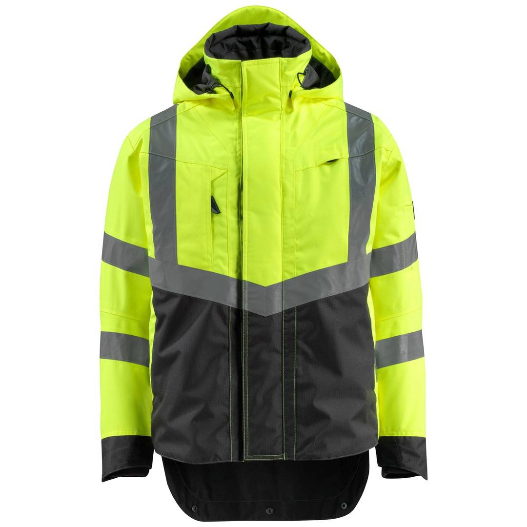 Hi-Vis Neon-Gelb und Schwarz Kapuzen-Sicherheitsjacke mit reflektierenden grauen Streifen, Vorderansicht auf weißem Hintergrund.