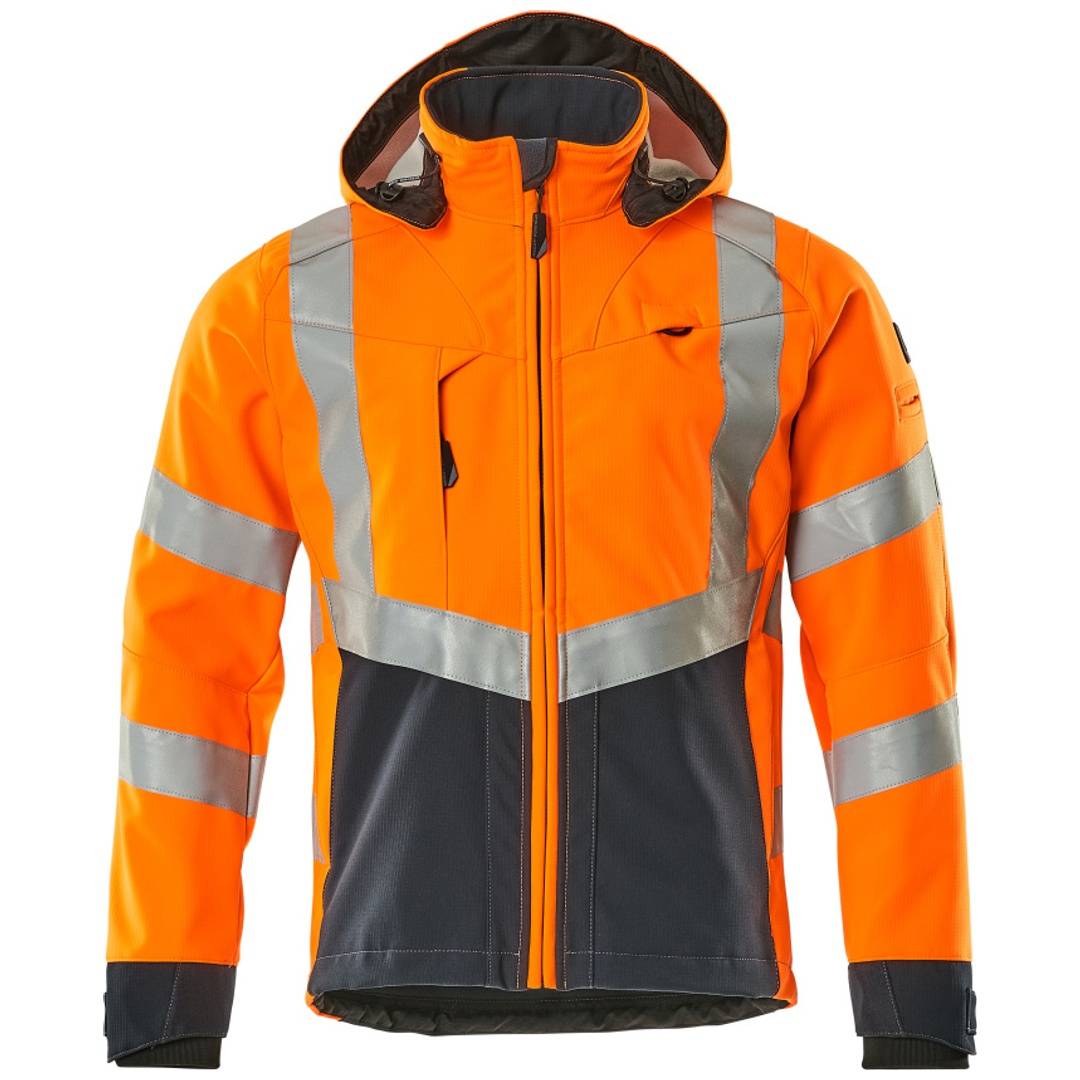 Leuchtend orange-schwarze Sicherheitsarbeitsjacke mit reflektierenden silbernen Streifen, Vorderansicht auf weißem Hintergrund.