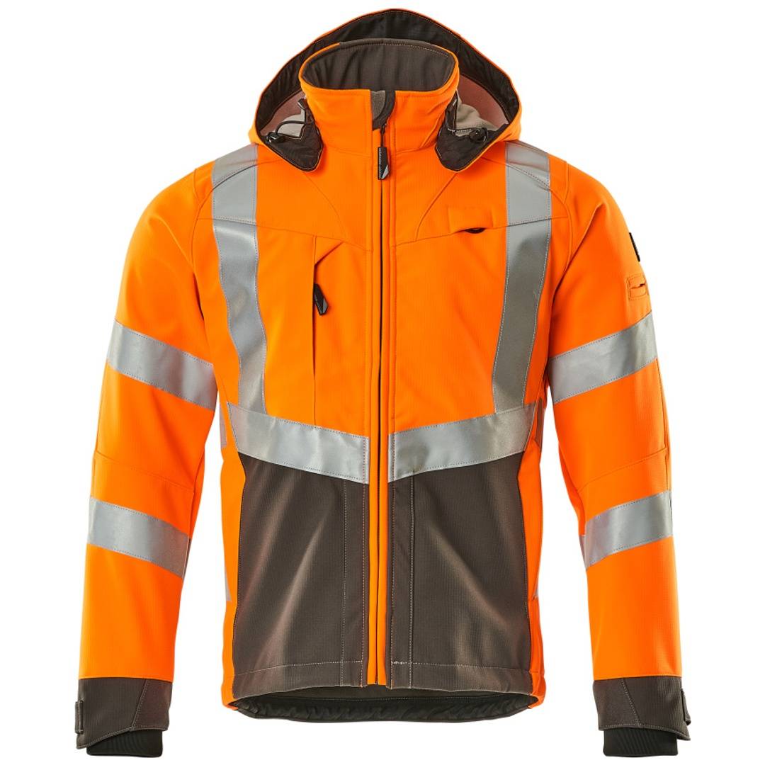 Orange Hochsichtbarkeitsjacke mit Kapuze, reflektierenden silbernen Streifen und dunkelgrauen Paneelen, Vorderansicht auf weißem Hintergrund.