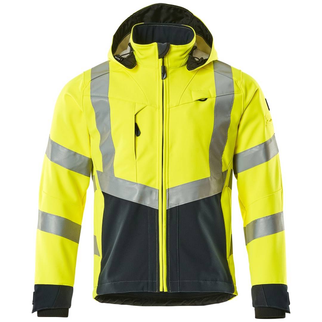 Hochsichtbare neongelbe und schwarze Jacke mit Reißverschluss und reflektierenden silbernen Streifen sowie Kapuze, Vorderansicht auf weißem Hintergrund dargestellt.