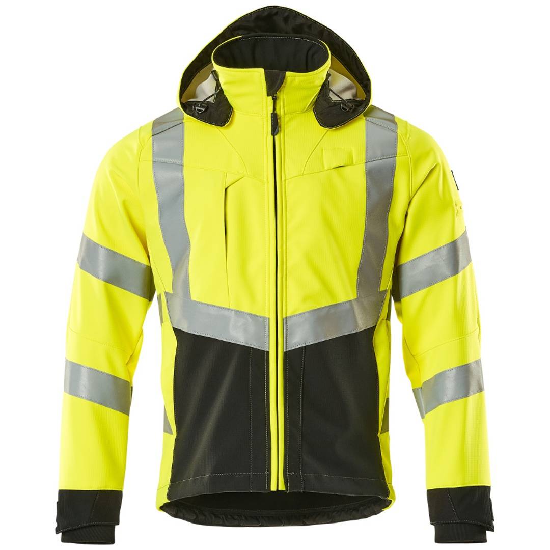 Hochsichtbare gelb-schwarze Jacke mit Kapuze und reflektierenden silbernen Streifen, Reißverschluss vorne und schwarze Bündchen, gezeigt auf neutralem Hintergrund.
