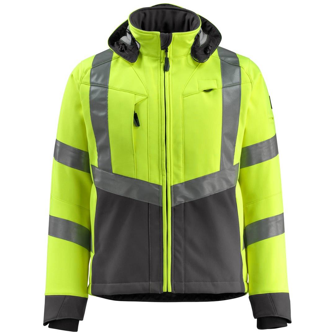Hochsichtbare neongelbe und graue Jacke mit Kapuze und reflektierenden Streifen, in Vorderansicht auf weißem Hintergrund gezeigt.