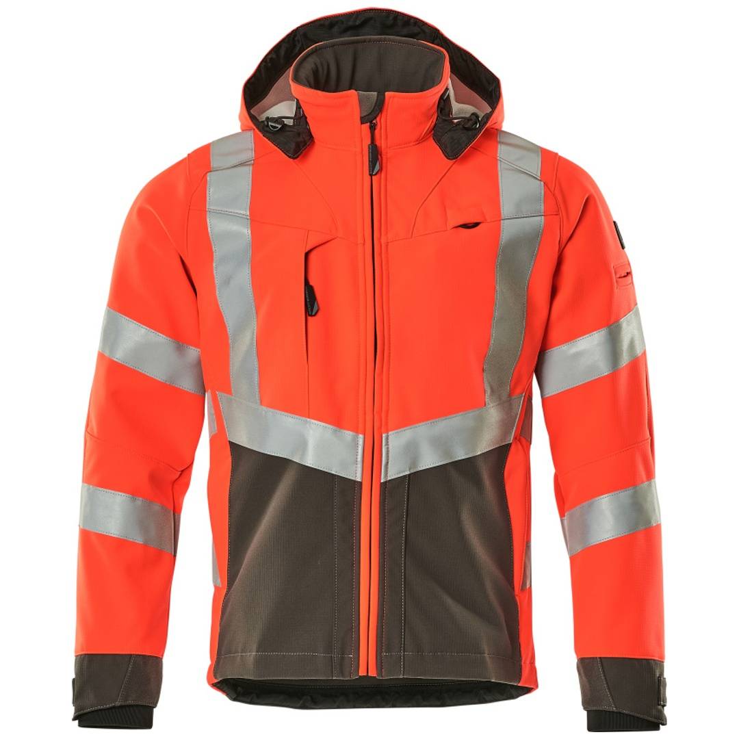 Orange und dunkelgrau Warnschutzjacke mit reflektierenden silbernen Streifen, Vorderansicht auf weißem Hintergrund gezeigt.