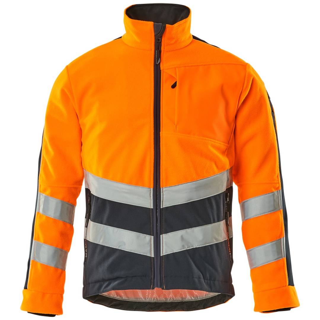 Hochsichtbare orange-schwarze Arbeitsjacke mit reflektierenden silbernen Streifen und Frontreißverschluss, vor neutralem Hintergrund gezeigt.