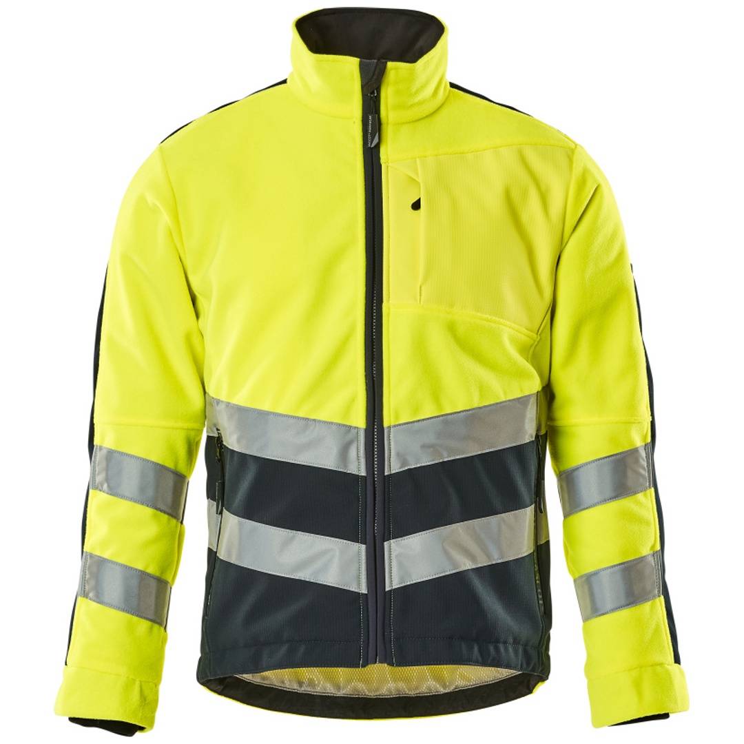 Hochsichtbare gelb-schwarze Jacke mit Frontreißverschluss und reflektierenden silbernen Streifen an den Ärmeln und der unteren Körpermitte.