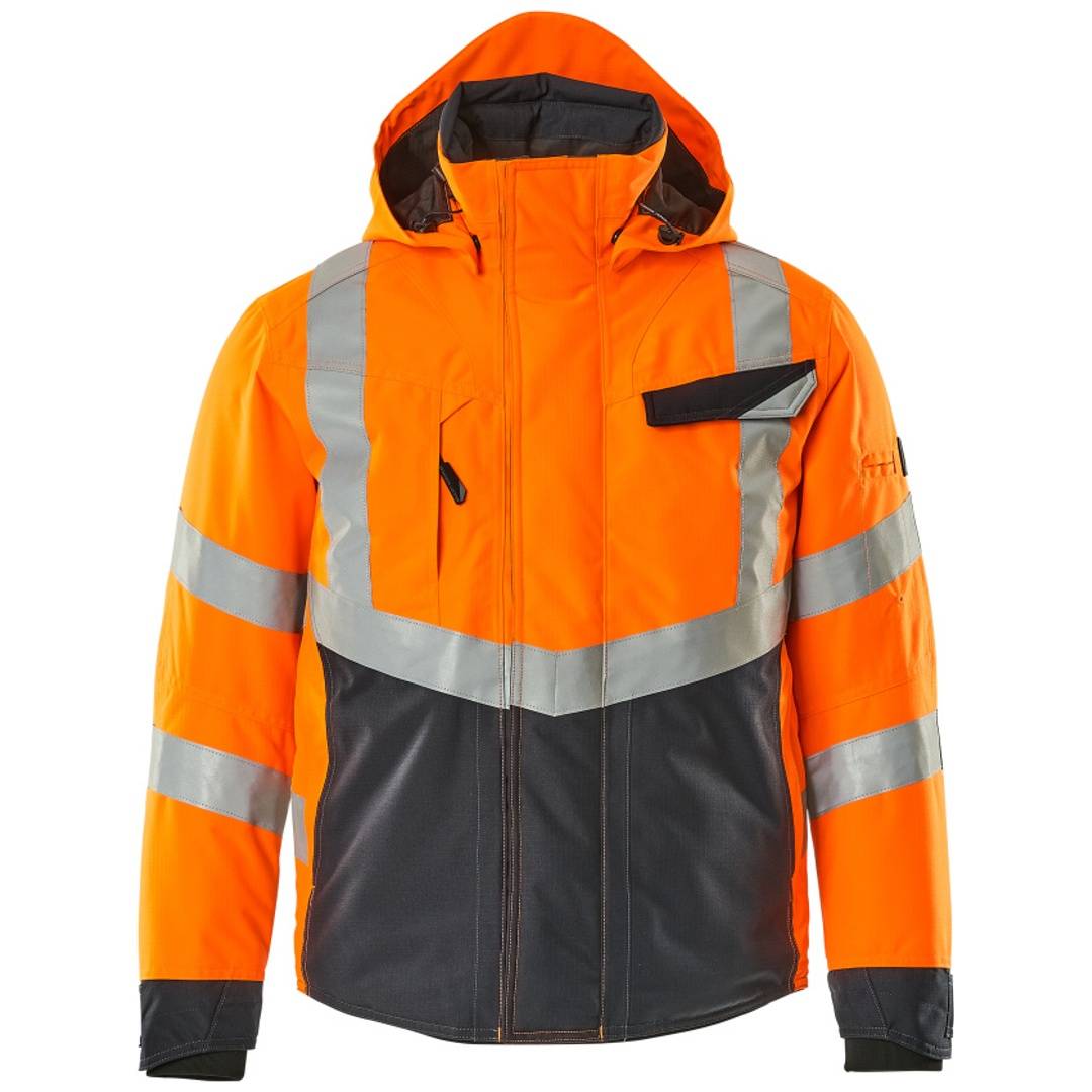 Orange und schwarze Hochsichtbarkeitsjacke mit Kapuze, reflektierenden silbernen Streifen, Frontreißverschluss und Brusttasche, dargestellt vor weißem Hintergrund.