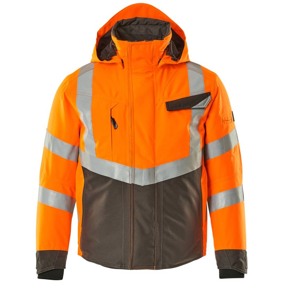 Orange-graue Warnschutzjacke mit Kapuze, reflektierenden Streifen und dunklen unteren Paneelen, in Vorderansicht vor weißem Hintergrund dargestellt.