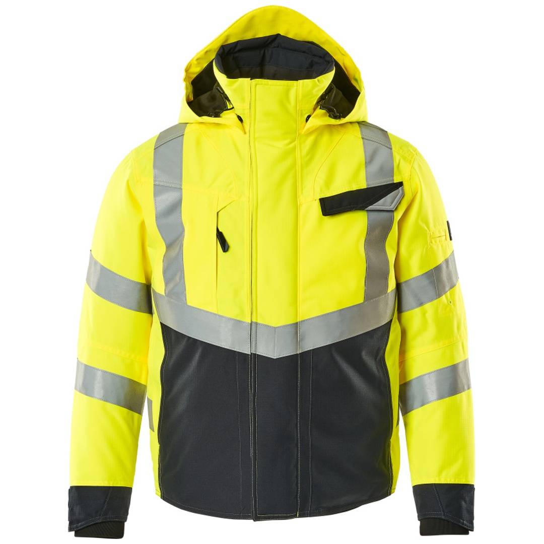 Hochsichtbare gelb-schwarze Jacke mit Kapuze, reflektierenden silbernen Streifen, Frontverschluss mit Reißverschluss und Brusttasche.