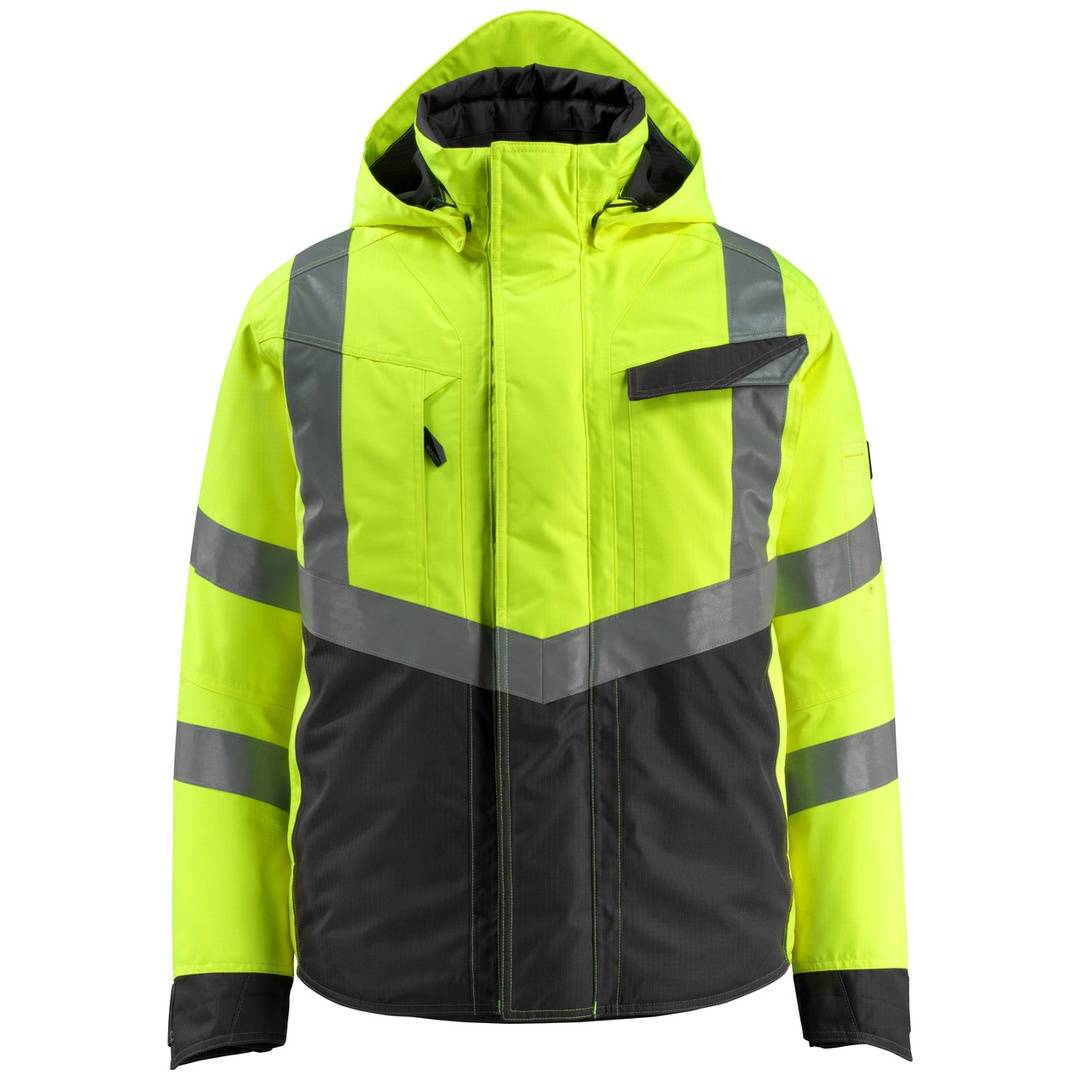 Hochsichtbare neonorange und schwarze Sicherheitsjacke mit Kapuze und reflektierenden Streifen, Vorderansicht auf weißem Hintergrund.