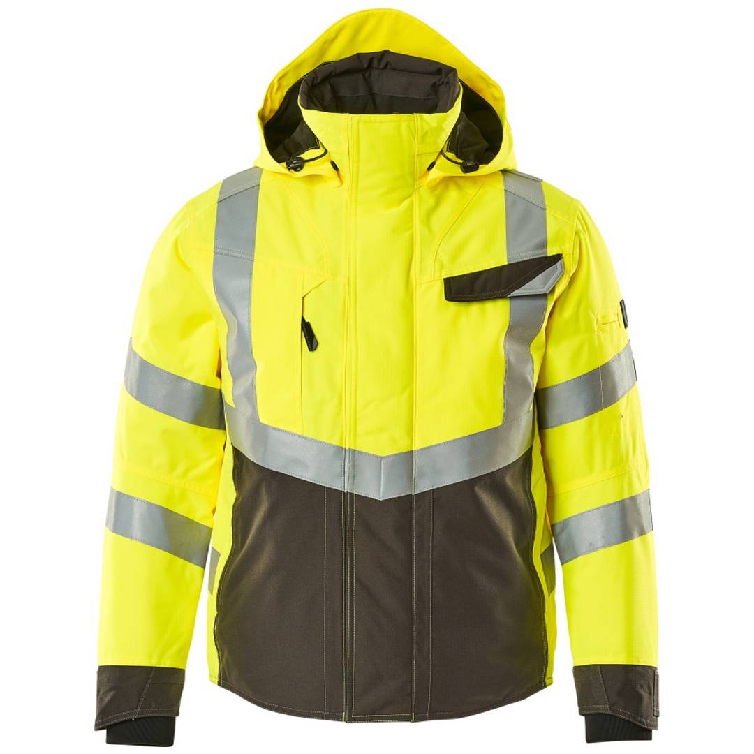 Gelbe und schwarze Sicherheitsjacke mit Kapuze und hoher Sichtbarkeit, mit reflektierenden silbernen Streifen und Frontreißverschluss, dargestellt vor neutralem Hintergrund.