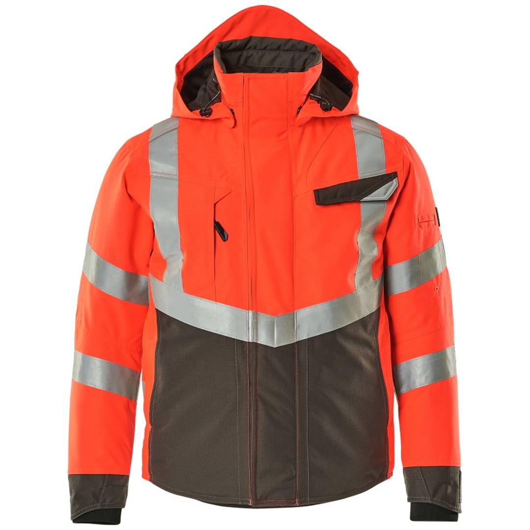 Leuchtend orange-schwarze Sicherheitsjacke mit Kapuze und reflektierenden silbernen Streifen, Vorderansicht auf neutralem Hintergrund.