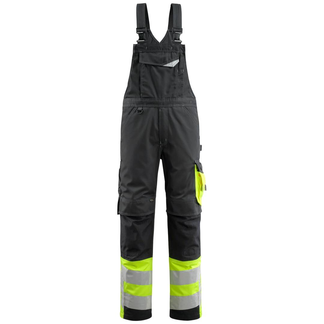 Schwarze isolierte Latzhose mit reflektierenden neongelben Unterschenkel-Bändern und einer Seitentasche, gezeigt auf weißem Hintergrund.