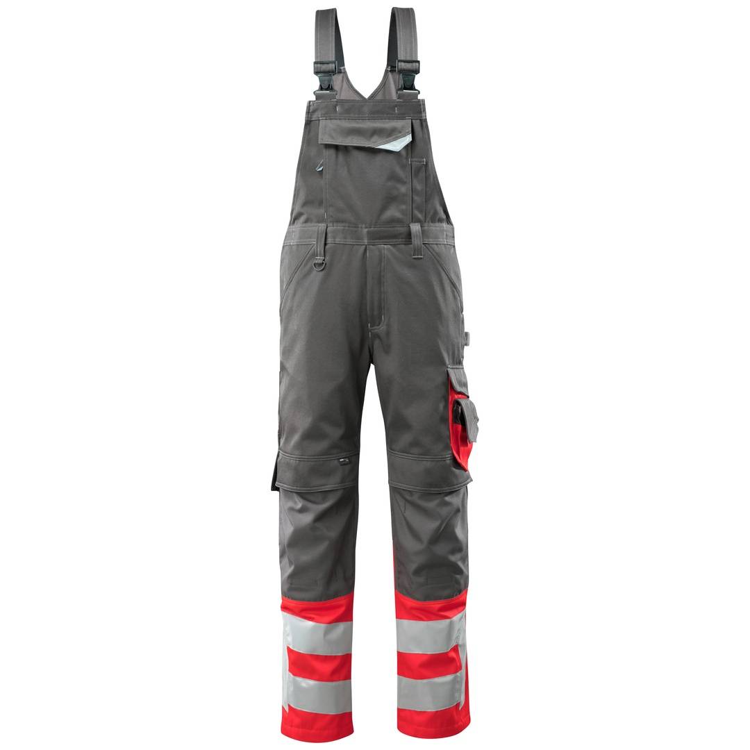 Graue Arbeitsoveralls mit hoher Sichtbarkeit, Schultergurten und roten Reflexstreifen an den Unterbeinen, gezeigt vor weißem Hintergrund.