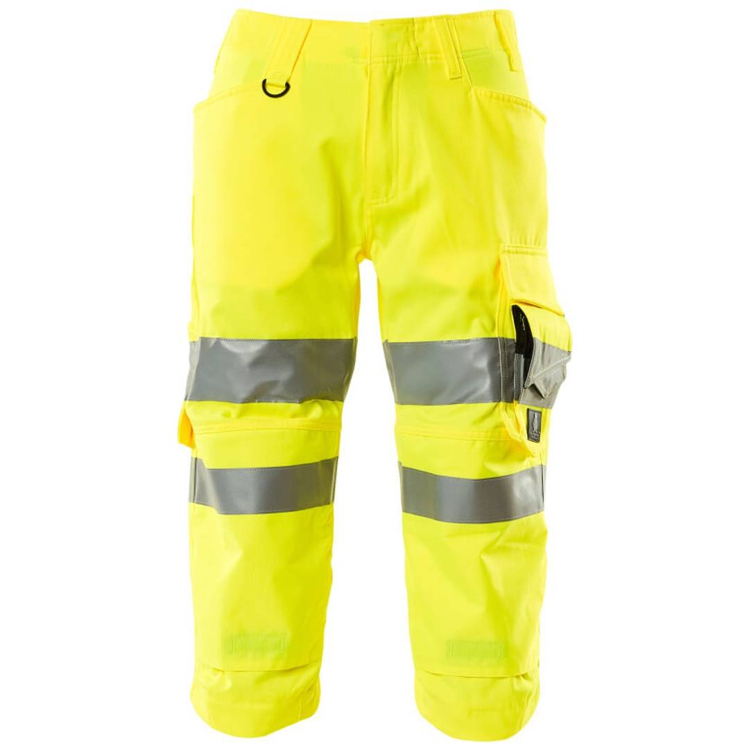 Leuchtend gelbe Arbeitshose mit hoher Sichtbarkeit, silbernen Reflexstreifen und einer seitlichen Cargotasche, gezeigt auf weißem Hintergrund.