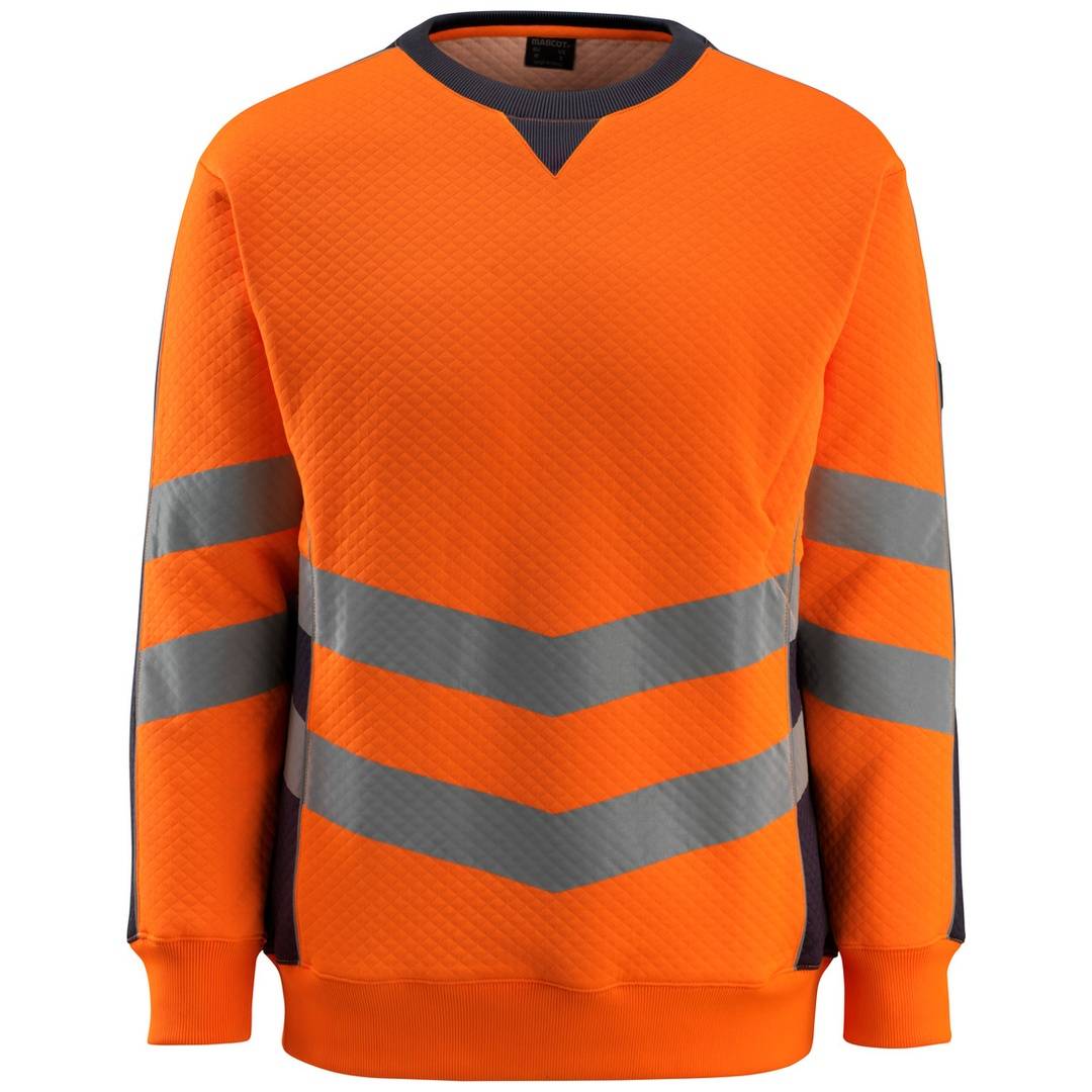 Orangefarbenes Sweatshirt mit langen Ärmeln und grauen reflektierenden Chevron-Streifen über der Brust und den Ärmeln, Vorderansicht auf neutralem Hintergrund.