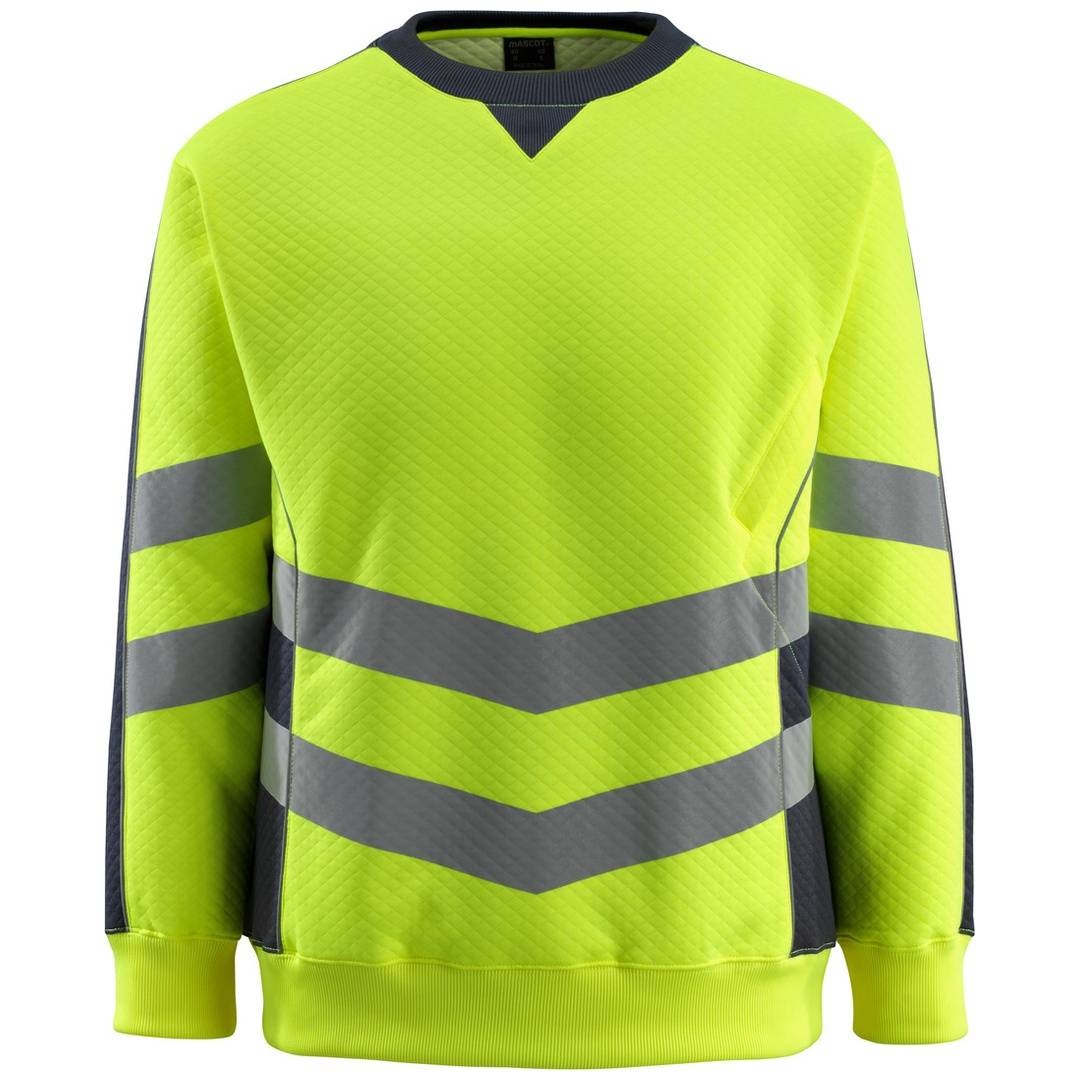 Neongelbes Langarm-Sweatshirt mit dunkelgrauem Chevron- und Ärmelmuster, Vorderansicht auf weißem Hintergrund.
