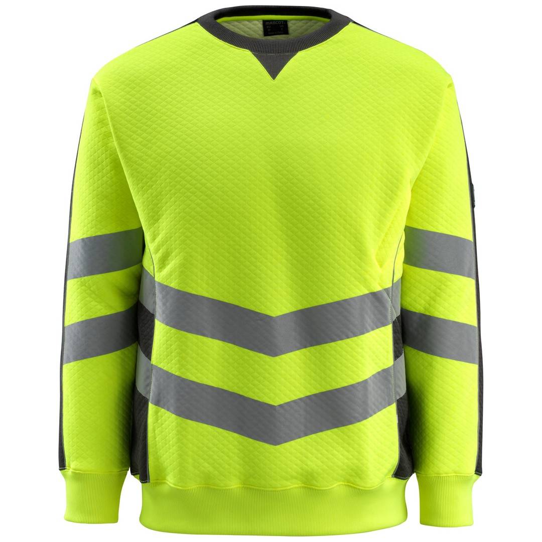 Hochsichtbares Neon-Gelb Langarm-Sweatshirt mit grauen reflektierenden Chevron-Streifen auf der Brust und den Ärmeln.