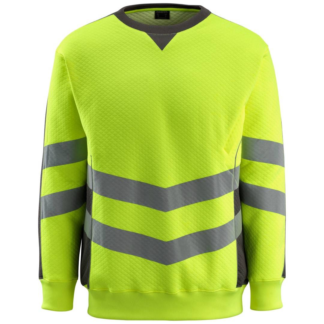 Hochsichtbares neongelbes Langarm-Sweatshirt mit grauen reflektierenden Chevrons und Streifen, Vorderansicht auf weißem Hintergrund dargestellt.