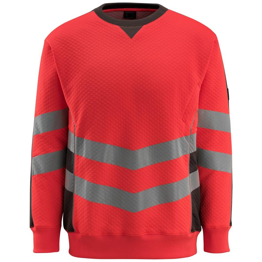 Roter Langarm-Pullover-Sweatshirt mit grauen Chevron-Streifen über die Brust und Ärmel, Vorderansicht auf weißem Hintergrund.