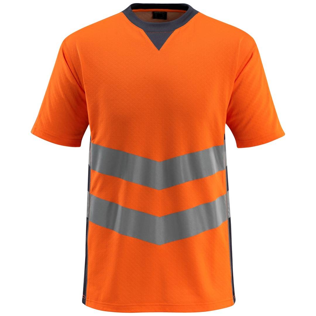 Oranges Sicherheitshemd mit kurzen Ärmeln und grauen reflektierenden Chevron-Streifen über der Brust und dem Oberkörper.