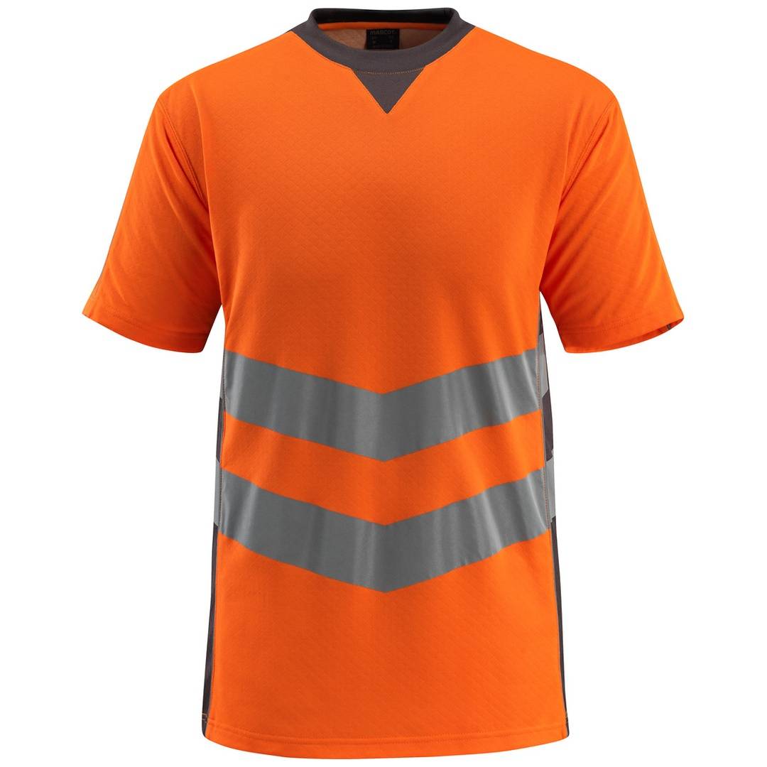 Oranges ärmeloses Athletik-Shirt mit grauen V-förmigen Chevron-Streifen über Brust und Oberkörper auf einfachem Hintergrund.