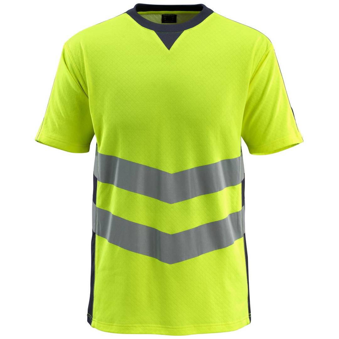 Neongelbes ärmelloses Athletik-Shirt mit grauen Chevron-Streifen über Brust und Taille.