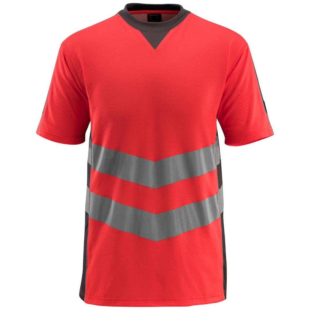 Rotes Kurzarm-Sportshirt mit dunkelgrauem V-förmigen Brusteneinsatz und Zickzack-Graustreifen über dem unteren vorderen Bereich.
