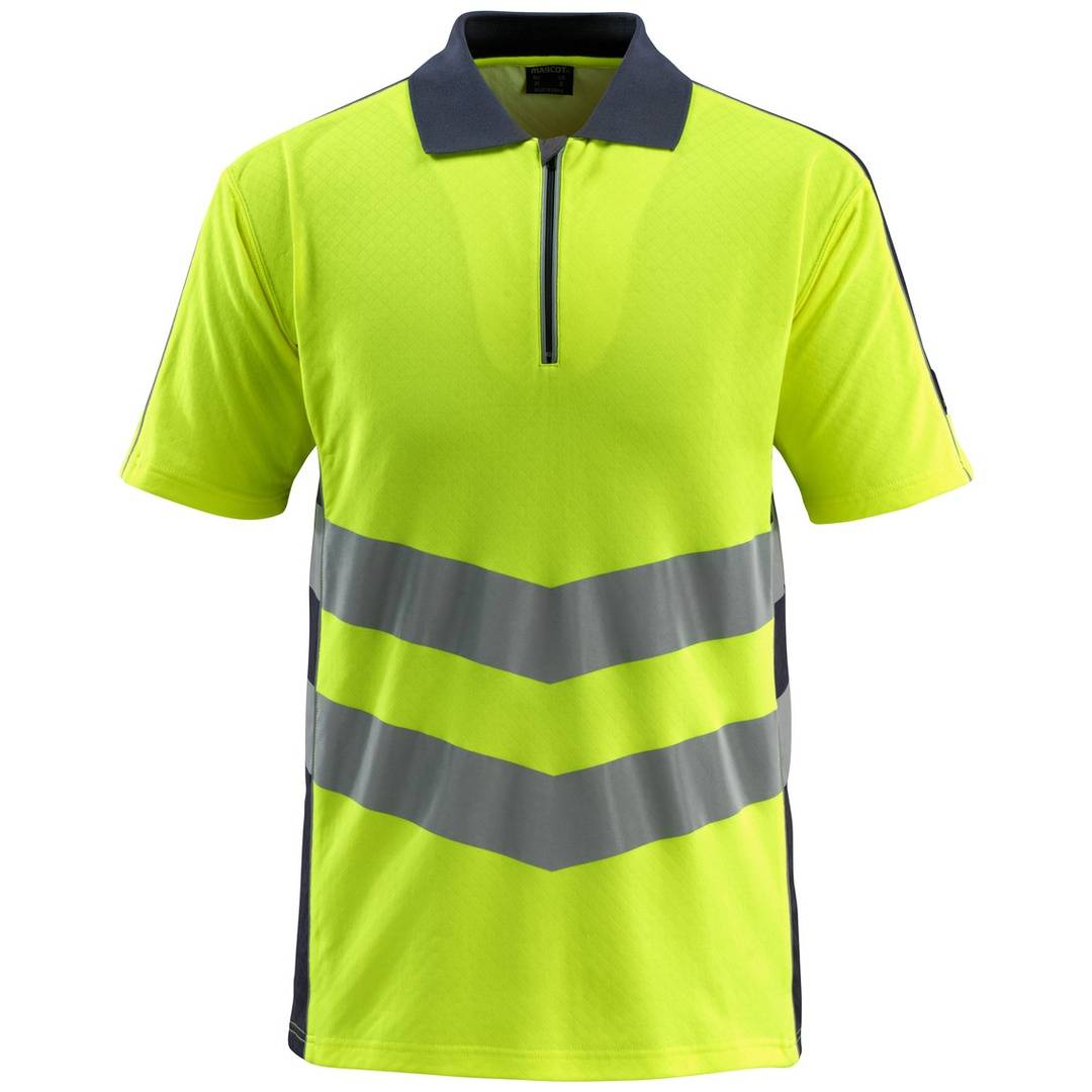 Hochsichtbares neongelbes Kurzarm-Poloshirt mit dunklem Kragen und grauen reflektierenden Chevron-Streifen an der Vorderseite.