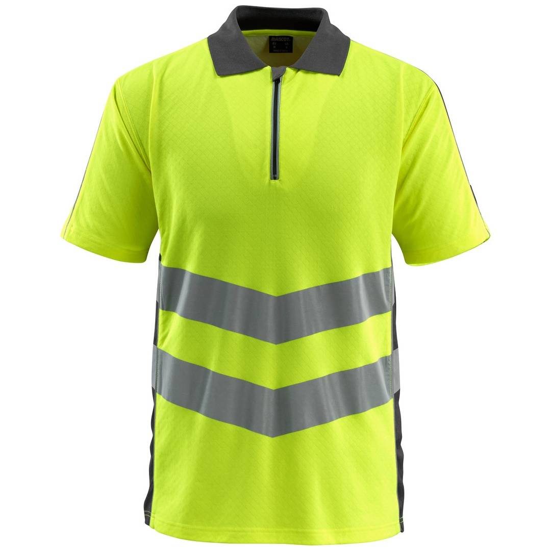 Hochsichtbares neongelbes Kurzarm-Poloshirt mit grauem Kragen, Reißverschluss am Hals und reflektierenden grauen Chevron-Bändern über Brust und Taille.