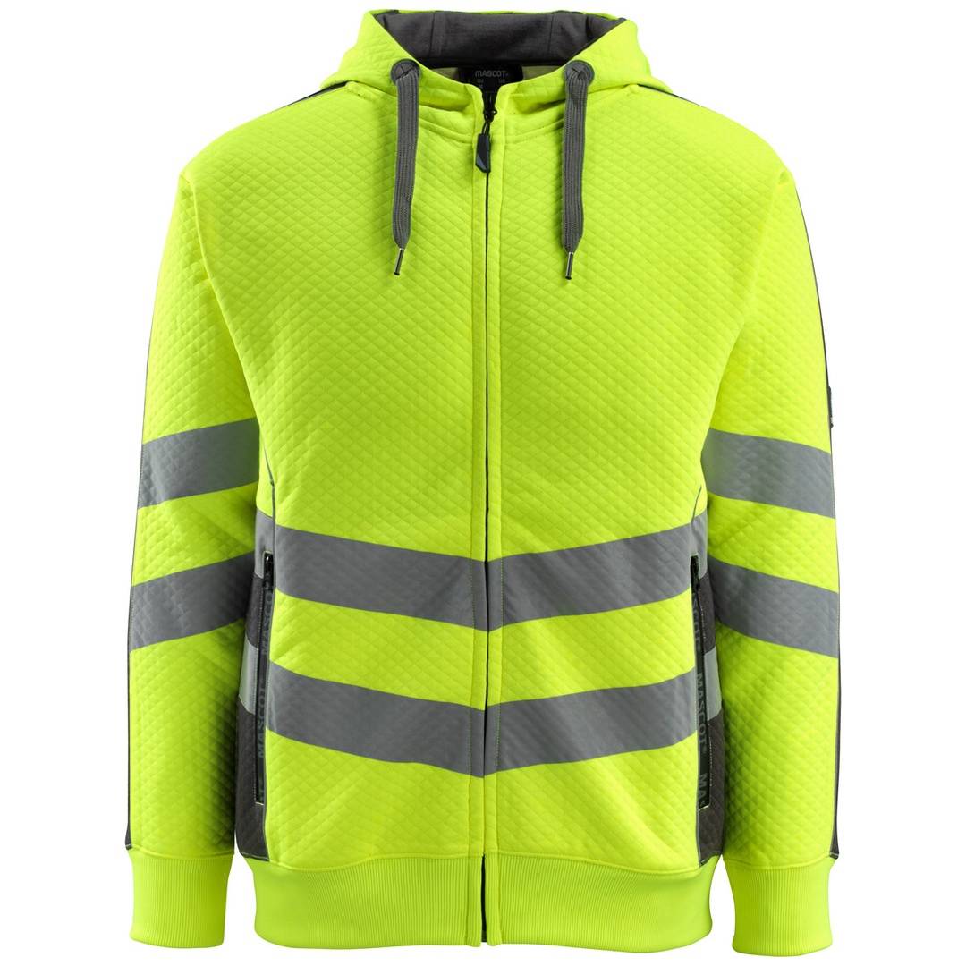 Neongelbe Kapuzenjacke mit Reißverschluss und grauen reflektierenden Streifen an den Ärmeln und der Brust, Vorderansicht auf weißem Hintergrund.
