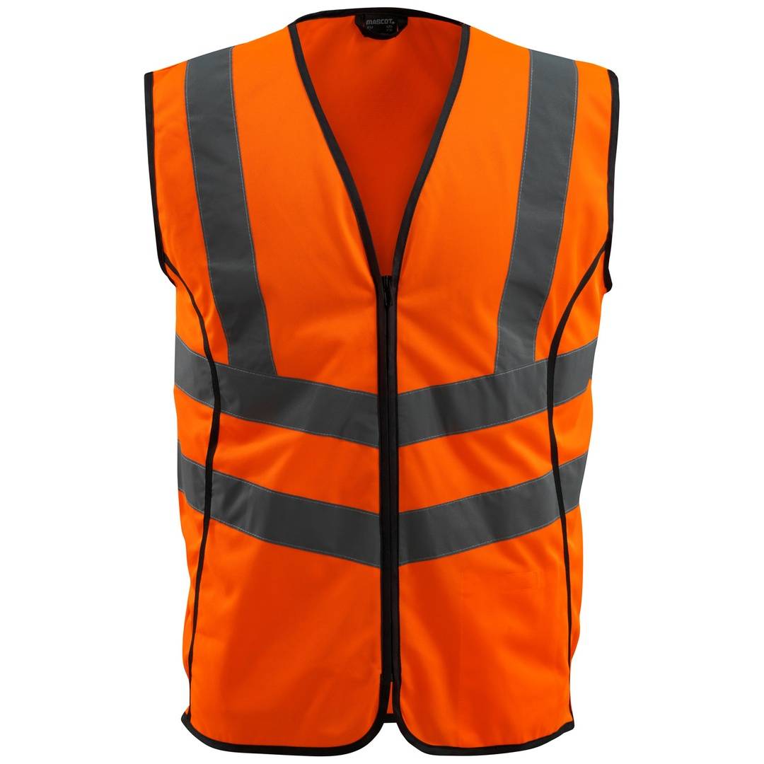 Orange Warnweste mit reflektierenden grauen Streifen und Frontreißverschluss, vor weißem Hintergrund dargestellt.