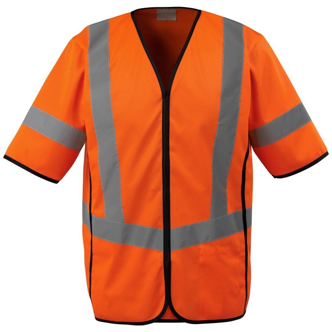 Orange Sicherheitswarnweste mit reflektierenden silbernen Streifen und schwarzer Einfassung, Kurzarm, mit Reißverschluss vorne.