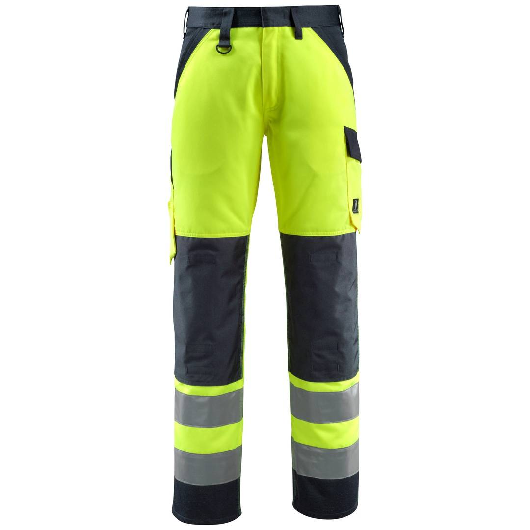 Arbeitsüberhose mit hoher Sichtbarkeit, neongelben Oberschenkelbereichen, dunkelgrauen Unterbeinen und reflektierenden Bändern in der Nähe der Waden.