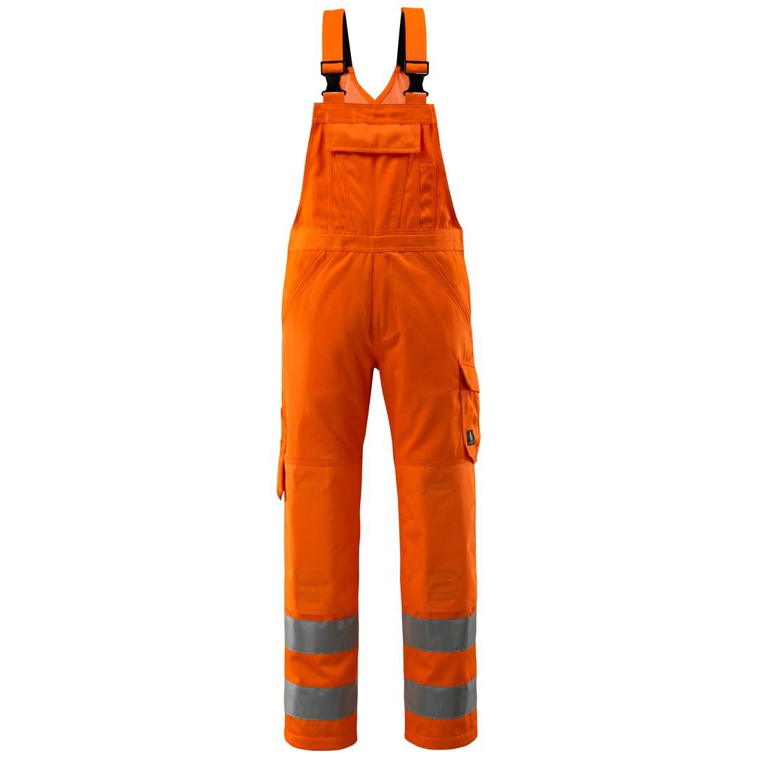 Orange hochsichtbare Arbeitsoveralls mit reflektierenden Streifen an den Beinen, isoliert auf weißem Hintergrund dargestellt.