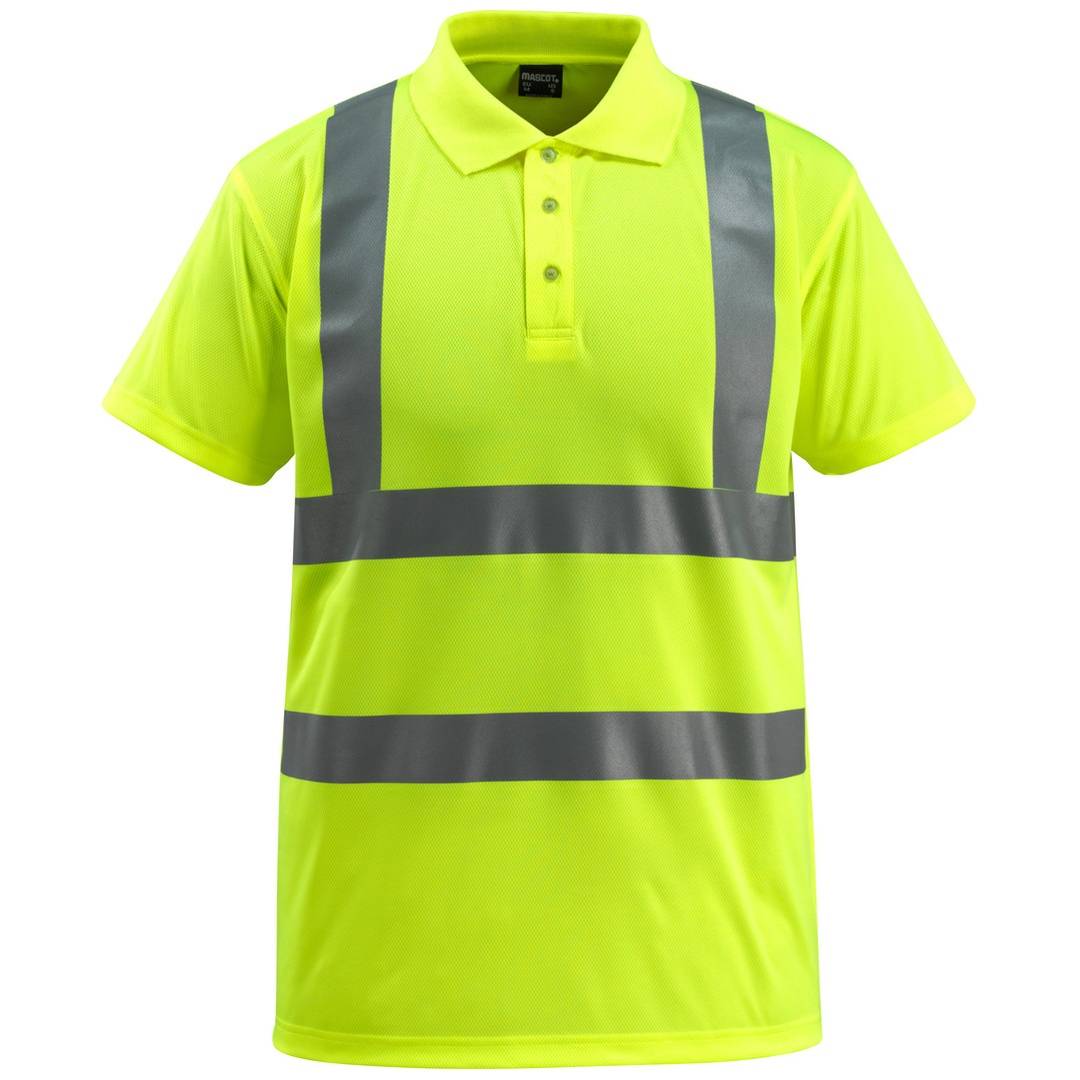 Poloshirt in hochsichtbarem Neongelb mit grauen Reflexstreifen auf Schultern, Brust und Taille, präsentiert auf weißem Hintergrund.