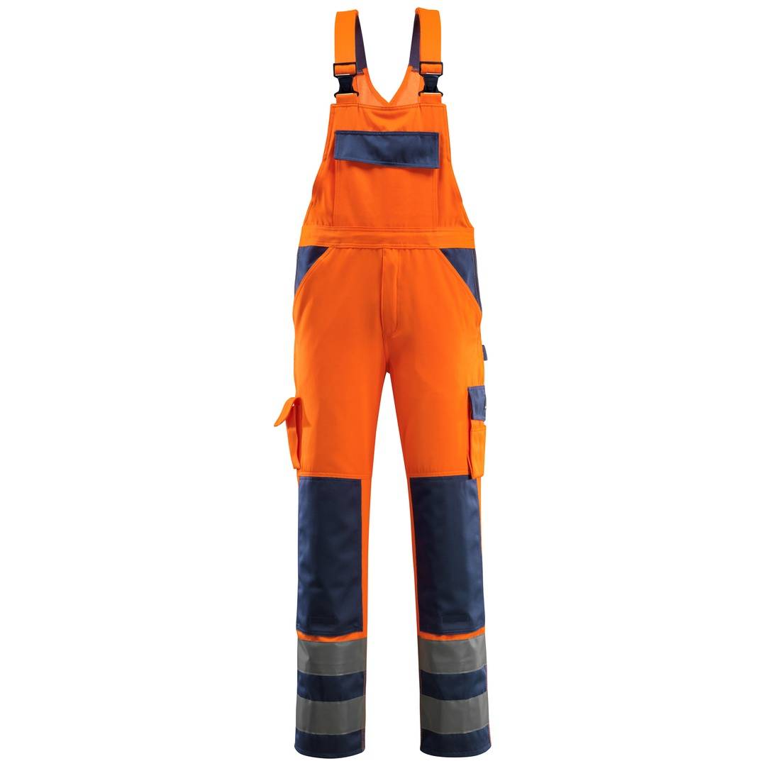 Orange Arbeitsoveralls mit hoher Sichtbarkeit und dunkelblau reflektierenden Knie- und Saumflicken, frontal auf weißem Hintergrund gezeigt.