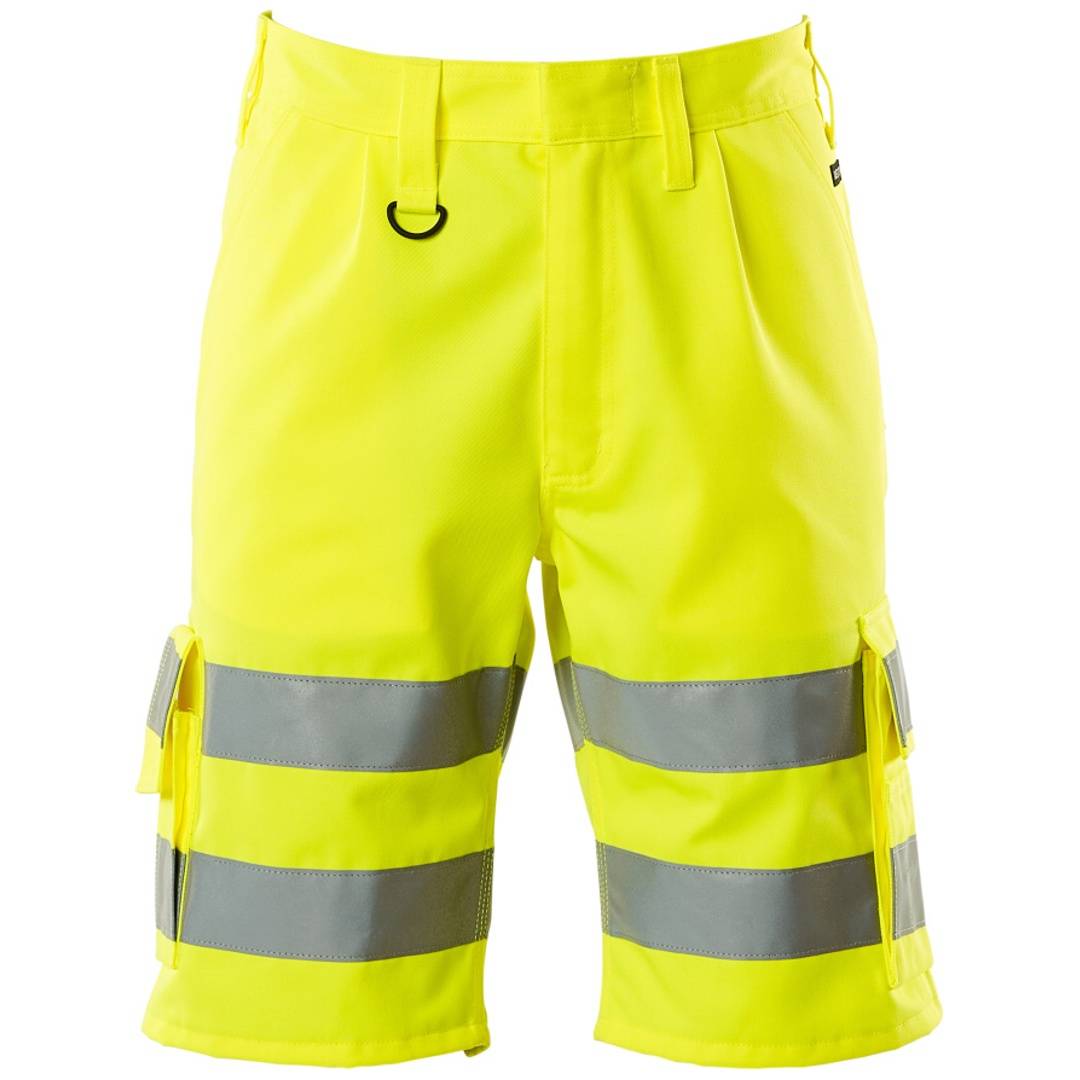 Hochsichtbare neonorange Arbeitsshorts mit grauen Reflektorbändern und seitlichen Cargotaschen auf weißem Hintergrund.